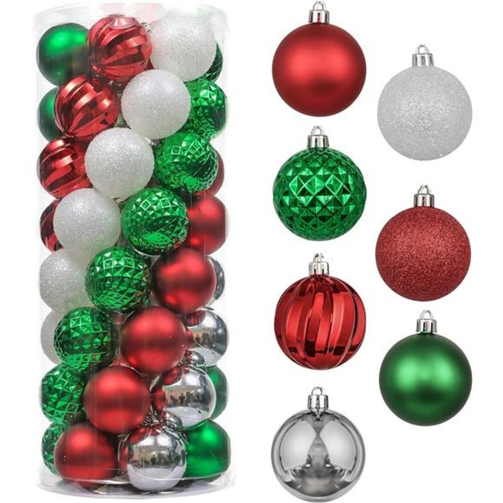 Christmas Tree Decorations Set, 50ct Red Green White Shatterproof Christmas Ball